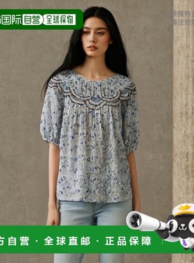 自营Johnny Was 女式衬衫蓝色花卉 Tatiana Top Peasant 女士 -