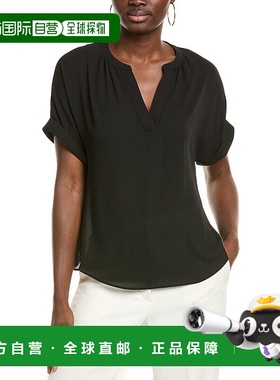 自营T Tahari Split Neck Rolled Cuff Blouse - black 美国奥莱