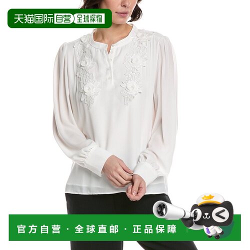 自营CeCe Half Placket Floral Lace Top - white 美国奥莱直发