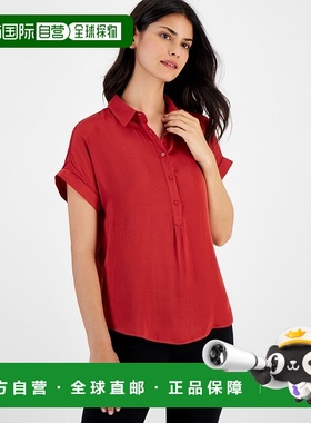 自营 T Tahari衬衫女式火砖翻边短袖领上衣FTS1205-红色 美国奥莱