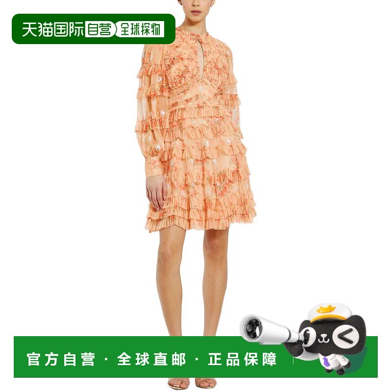 自营Mac Duggal花卉网眼长袖荷叶边迷你连衣裙-粉红色 美国奥莱直