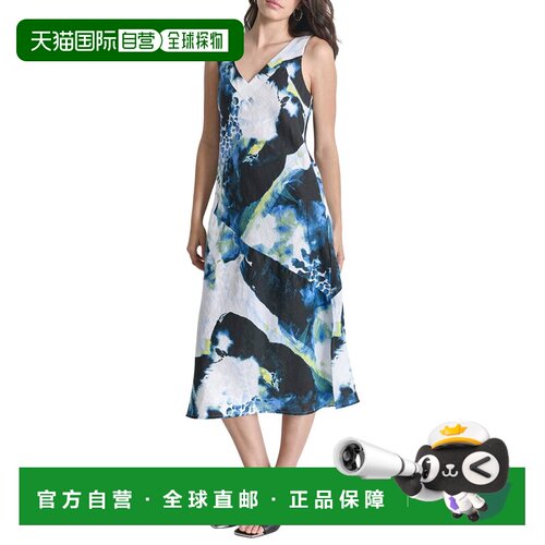自营DKNY V Neck Panel Linen Midi Dress - blue 美国奥莱直发