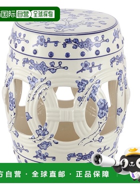 自营 jonathan yLucky Coins 16 英寸中国陶瓷鼓花园凳，蓝色/白