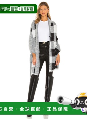 自营 Bella Dahl Poncho女式ML白色黑色格子针织连帽毛衣舒适JDM2