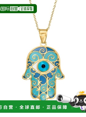Ross-Simons 蓝色珐琅 Hamsa 手吊坠项链 14 克拉黄金 18 英寸 【
