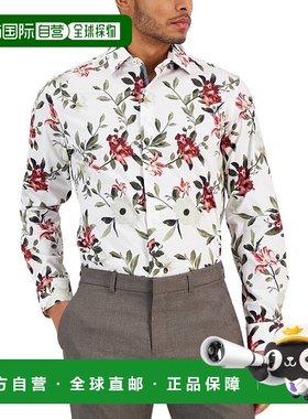 自营 Bar Iii衬衫男式白色花朵修身牛津商务FTS88-白色 美国奥莱