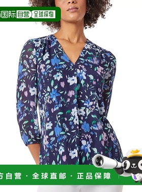 自营 Jones New York女式束腰上衣海军蓝多色袖V领FTS1174-蓝色