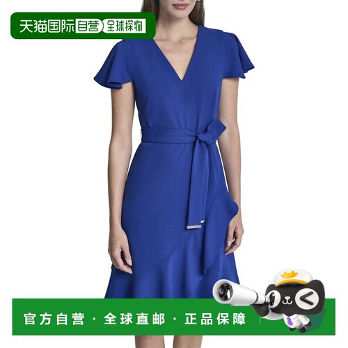 自营DKNY人造裹身连衣裙-蓝色 美国奥莱直发