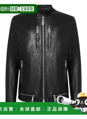 自营philipp pleinLeather Moto Jacket - black 美国奥莱直发