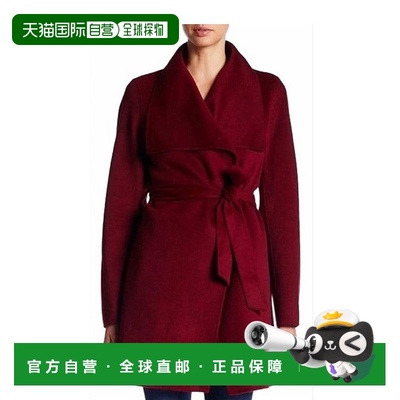 自营 t tahari女士大领系腰带羊毛混纺大衣外套（深红色） - 深红