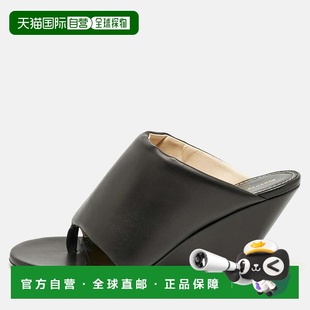 自营Proenza Schouler Black Leather Slant Wedge Tong Sandals