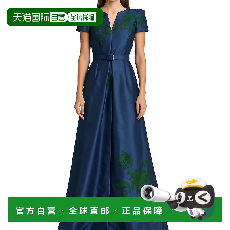 自营kay unger蓝色花朵提花腰带礼服-蓝色花朵 美国奥莱直发