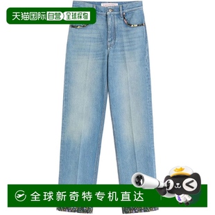 自營 帶花朵印花下擺 藍色 美國奧萊直 valentino寬松合身牛仔褲
