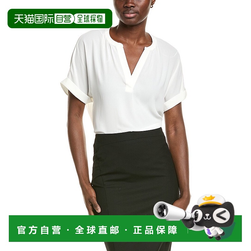 自营T Tahari Split Neck Rolled Cuff Blouse - white 美国奥莱