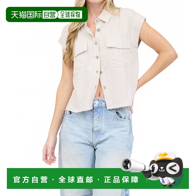 自营blu pepperShort Sleeve Linen Button Down Shirt In Off Wh