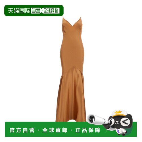 自营elisabetta franchiChampagne Satin Long Dress - brown 美