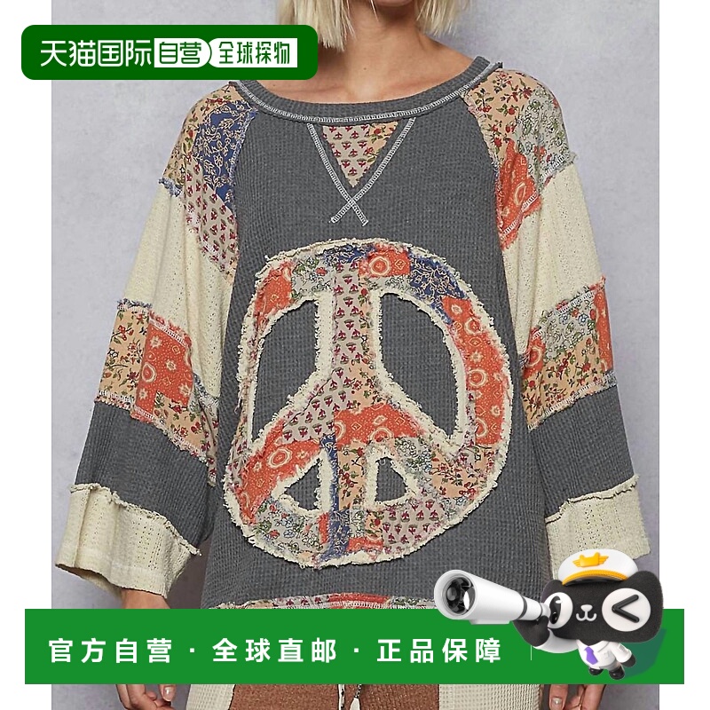 自营polWomen's Peace Long Sleeve Patchwork Top In Charcoal -