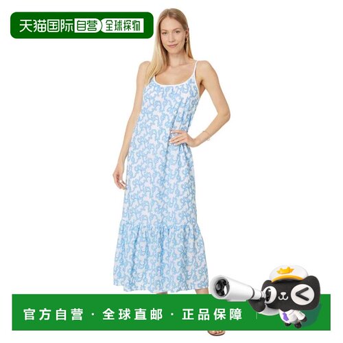 自营Lilly Pulitzer Amerie连衣裙女蓝色火烈鸟刺绣荷叶边FROG588