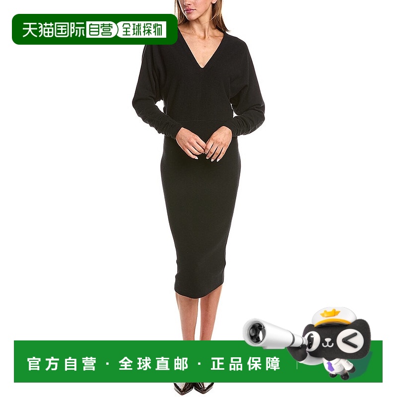 自营 Reiss Jenna羊毛和羊绒混纺褶边袖针织紧身连衣裙-黑色 美国