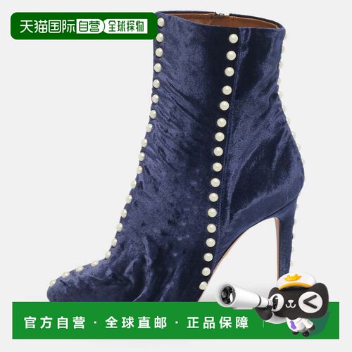 自营Aquazzura Navy Blue Velvet Follie Pearls Ankle Boots - n