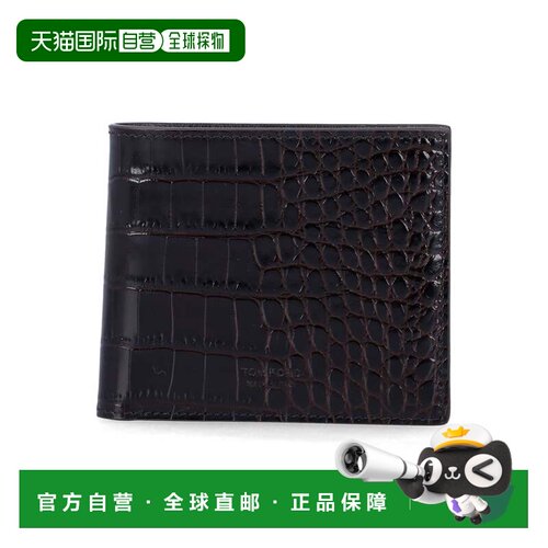 自营tom ford鳄鱼压花皮革双褶钱包-黑色 美国奥莱直发