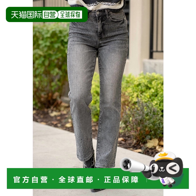 自营judy blueStraight Leg Rhinestone Jeans In Washed Grey -