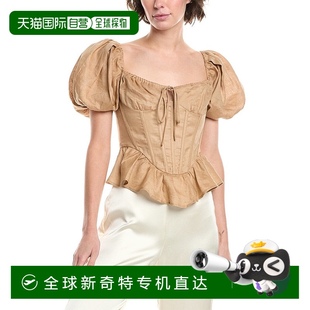 美国奥莱 自营 棕色 紧身胸衣亚麻上衣 bardot芭铎Esra泡泡袖