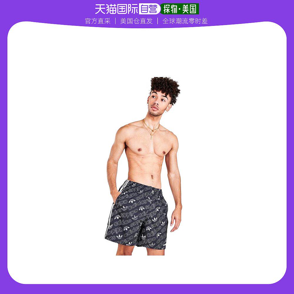 美国直邮Adidas阿迪达斯男士休闲裤黑色logo印花夏季短裤简约时尚