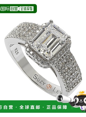 自营 Suzy Levian 白色纯银祖母绿切割白色立方氧化锆光环戒指 -