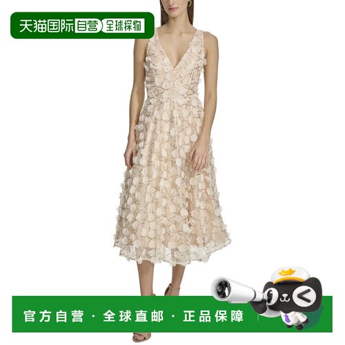 自营Eliza J 3D Floating Flowers Mesh Midi Dress - gold 美国