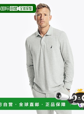自营 Nautica 男式经典版型长袖 Deck Polo 衫 - 灰色混色 美国奥
