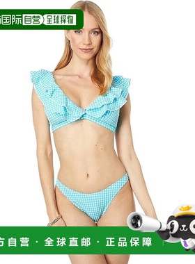 自营 Lilly Pulitzer Aelin比基尼上衣女式蓝色金黄色荷叶边泳装E