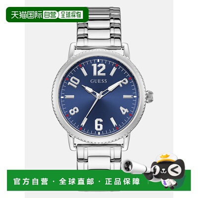 自营 guessSilver-Tone and Blue Analog Watch silver/navy 美国