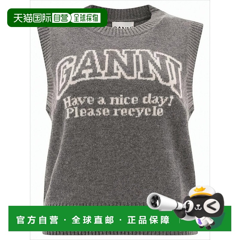 自营ganniRibbed Knit Vest With Eco-Conscious Message - grey