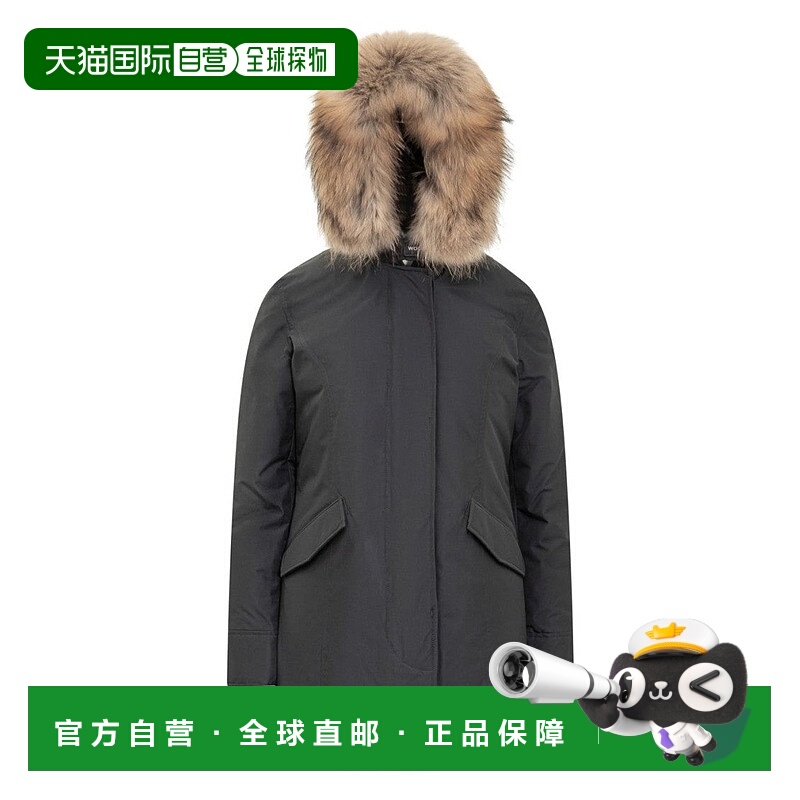 自营woolrich结构化黑色派克大衣，带天然毛皮风帽-灰色 美国奥莱