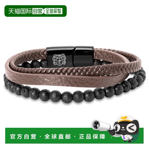 自营Bruno Magli Mens Leather Bracelet With Lava Beads, Mahog