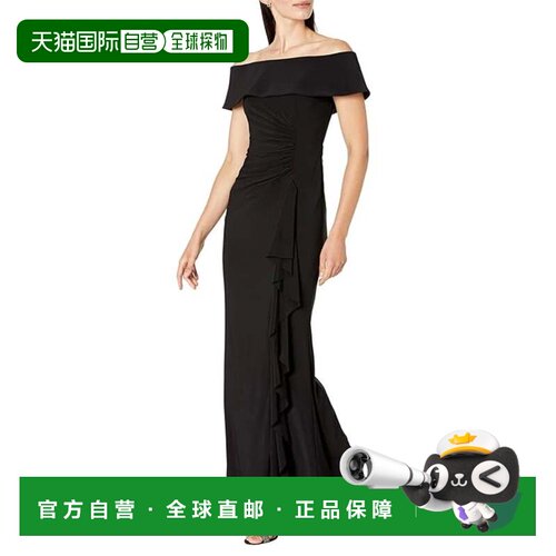 自营XSCAPE Long Ity Dress  Black Stretch Ruched Off-the-Shou