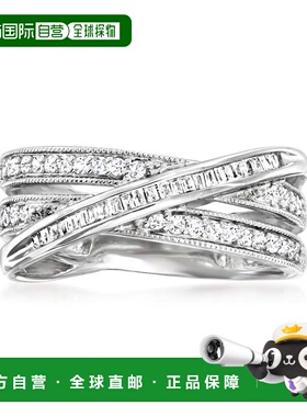 自营 925 纯银 Ross-Simons 圆形和长方形钻石交错公路戒指 白色