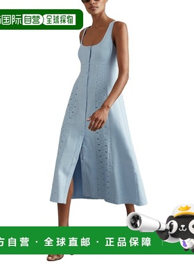 自营Reiss Clarice Broderie Detail Linen Midi Dress - blue 美