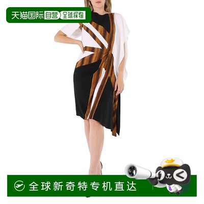 自营 Burberry Flag Intarsia不对称丝绸连衣裙，黑色 【美国奥莱