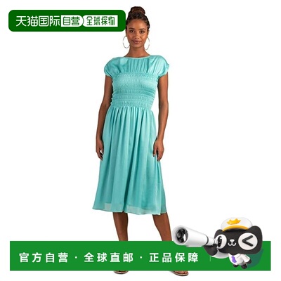 自营Trina Turk Entertain Midi连衣裙女式蓝色烟熏帽袖JDM523-蓝