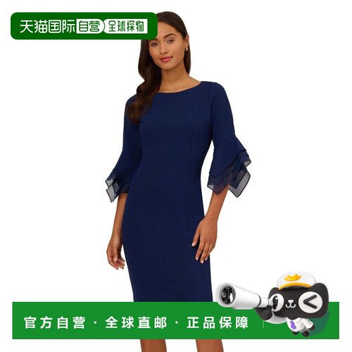 自营Adrianna Papell针织绉纱连衣裙女海军弹力分层袖GBO3989-蓝