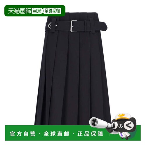 自营prada徽标中长裙-海军蓝-黑色 美国奥莱直发半身裙a字裙