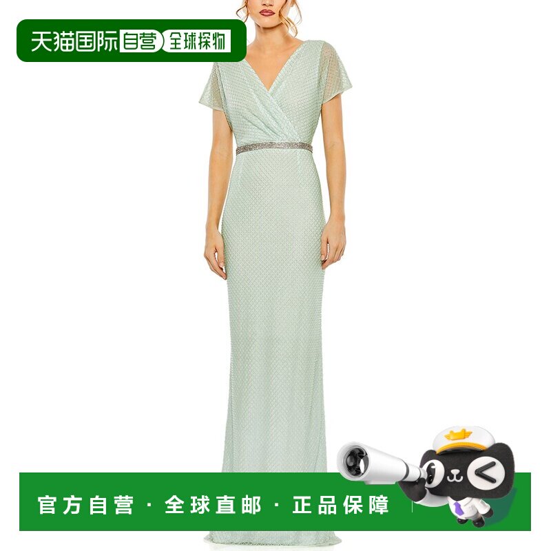 自营 Mac Duggal串珠V领礼服-绿色 美国奥莱直发连衣裙