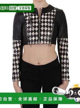 自营John Richmond 皮革短款机车夹克女式外套 - 黑色/白色 美国