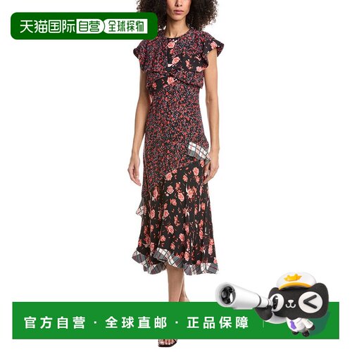 自营3.1 Phillip Lim花卉拼贴荷叶边覆盖中长裙-黑色 美国奥莱直