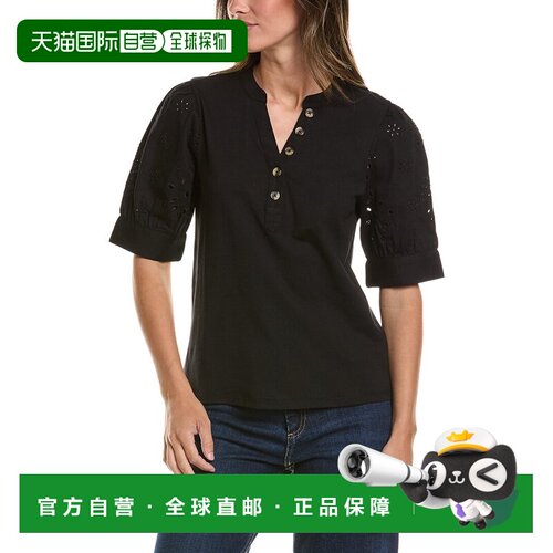 自营CeCe弯头泡泡袖混合介质上衣-黑色 美国奥莱直发