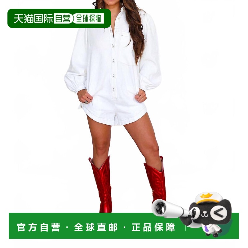 自营karlieButton Front Long Sleeve Denim Romper In Ivory - i
