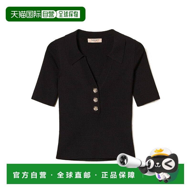自营twin-setFitted Black Short-Sleeve Top With Classic Colla