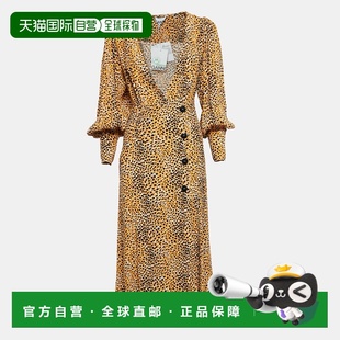 自营Ganni Yellow Leopard Print Crepe Buttoned Midi Dress - y